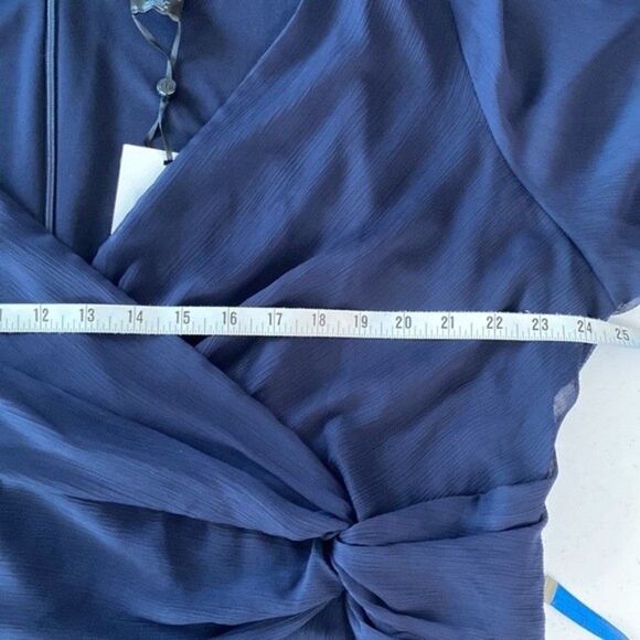 DKNY Navy Surplice Faux Wrap Chiffon Balloon Sleeve V-Neck Midi Party Dress - Picture 11 of 15